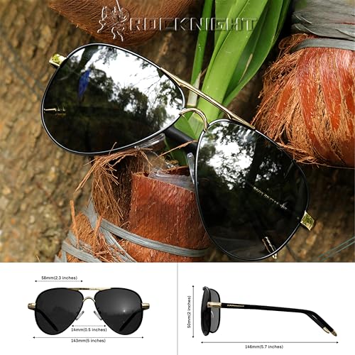 ROCKNIGHT Aviator Sunglasses for Men Polarized UV Protection Metal Frame Flat Top Sunglasses Black Grey Lens Lightweight Outdoors