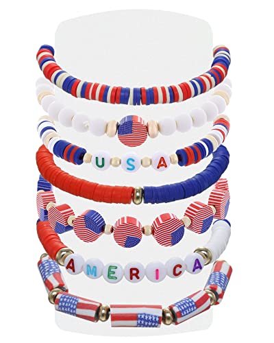 Taouzi 4th of July Bracelets for Women Handmade Elastic American Flag Bracelets Vsco Boho Polymer Clay Beads Bracelets for Women Independence Day Party Supplies 7Pcs Style 1