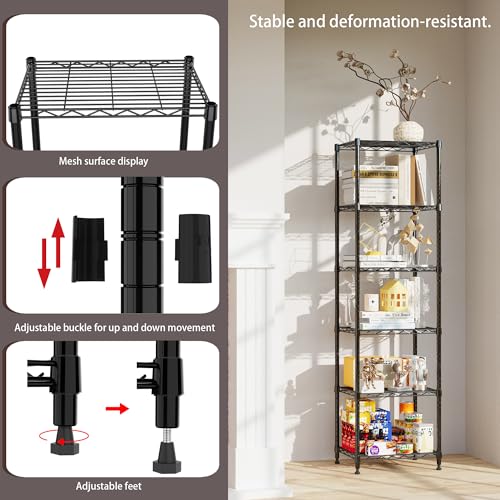 REGILLER 6 Wire Shelving Steel Storage Rack Adjustable Unit Shelves for Laundry Bathroom Kitchen Pantry Closet (16.7L x 11.9W x 64H, Black)