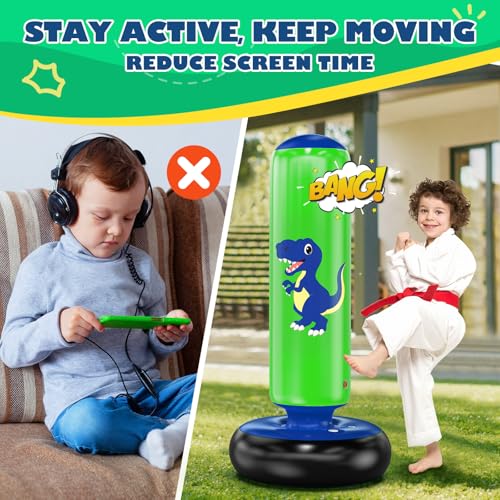 QPAU Inflatable Punching Bag, 48 Inch Stable Inflatable Boxing Bag for 3-6 Kids,Dinosaur Toy & Gifts for Boys and Girls, Kids Boxing Set for Practicing Karate, Taekwondo