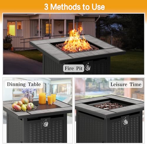 Meilocar Fire Table 28in Propane Fire Pit with Rain Cover and Volcanic Stone, Outdoor Firepit Table 50000 BTU 3-in-1 Patio Firepit Table for Garden/Yard/Balcony, Gray Tabletop