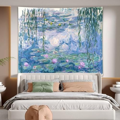 Avinyl Vintage Monet Waterlily Floral Tapestry, Art Tapestry for Bedroom, Blue and Pink Flower Wall Hanging, Abstract Garden Aesthetic Tapestry, 39x51 inches