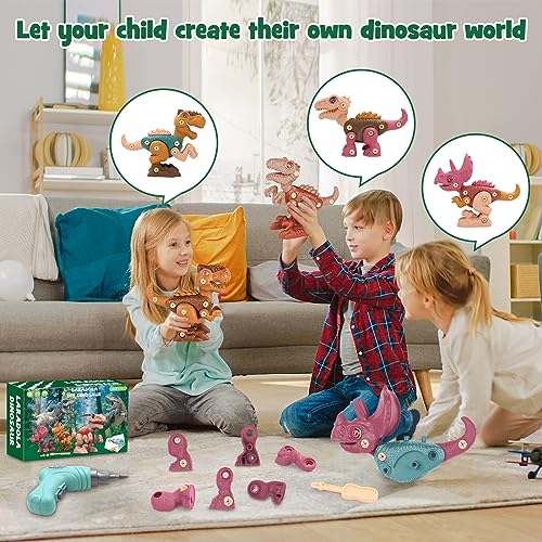 Laradola Dinosaur Toys for 4 5 6 7 8 Year Old Boys, Take Apart Dinosaur Toys for Kids 3-5 5-7 STEM Construction Building Kids Toys with Electric Drill, Party Birthday Gifts (Blush Pink)