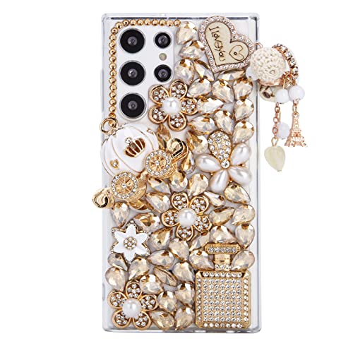 iFiLOVE for Samsung Galaxy S24 Bling Case, Girls Women 3D Luxury Sparkle Glitter Diamond Crystal Rhinestone Pumpkin Car Charm Pendant Protective Case Cover (Champagne)