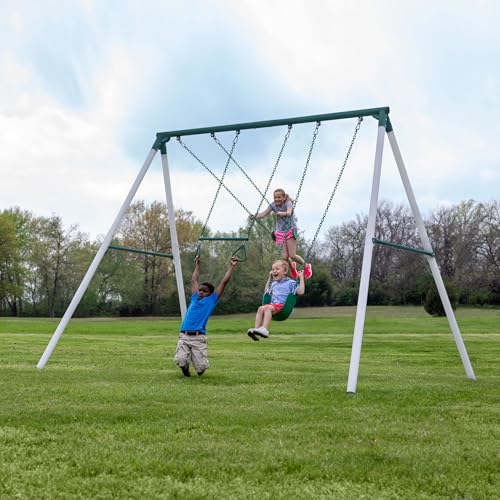Backyard Discovery Big Brutus Galvanized Steel Swing Set Kit with Classic A-Frame, Two Belt Swings, One Trapeze Bar, Easy Assembly, Heavy-Duty Powder-Coated Steel, Weather-Resistant, Outdoor Playset