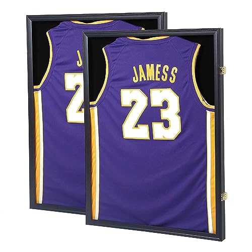 Large Jersey Frame Display Case, 26x37 Lockable Shadow Box Sports Jersey Frame with 98% UV Protection Acrylic and Metal Hanger for Baseball Basketball Football Soccer Hockey XXL Shirt, Linen Black