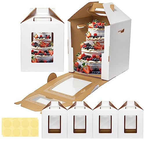 Mcfleet Tall Cake Boxes 4 Pack 10x10x12 for Tier Cakes with Window - 10 Inch Disposable Large Layer Bakery Carrier with Handle - Bakery Safe Transport Box for Wedding, Birthday, Party