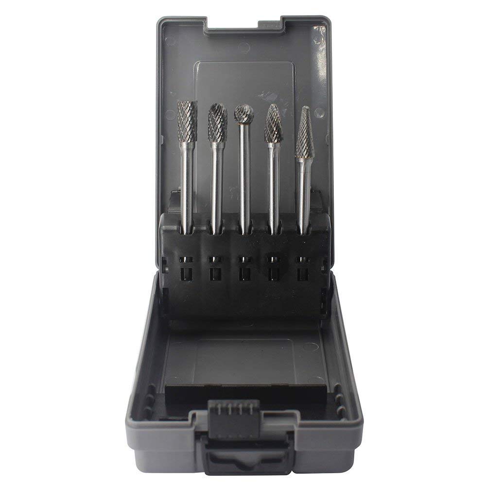 Carbide Burrs Set 5pcs JESTUOUS 1/4 Inch Shank Diameter Extended Long Double Cut Edge Solid Tungsten Carbide Burr Rotery File for Die Grinder Bits Drilling