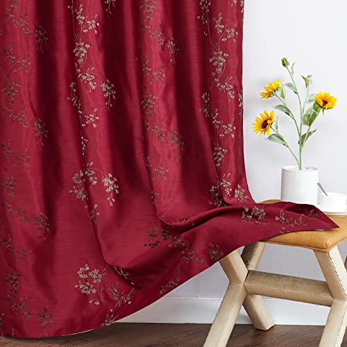 jinchan Floral Curtains Embroidered Curtains for Living Room 63 Inch Length Faux Silk Curtains Burgundy Red Flower Patterned Drapes Light Filtering Curtains Window Curtain Set 2 Panels