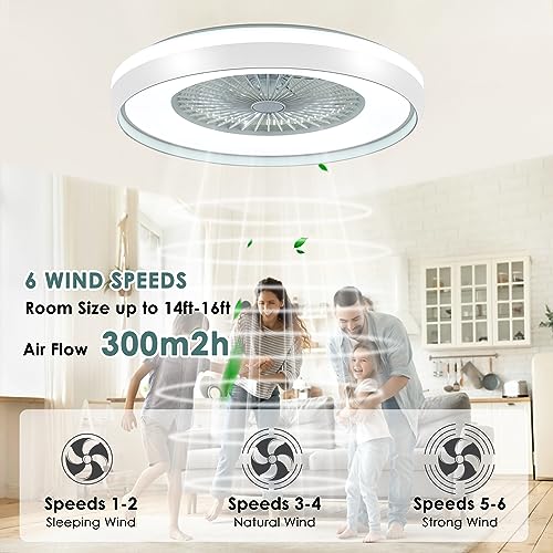 HUMHOLD 24" Low Profile Ceiling Fan with RGB Lights, Bladeless Ceiling Fan with Remote/APP/Voice Control, 6 Speeds Flush Mount Smart Ceiling Fan for Kids Bedroom/Kitchen/Dining Room