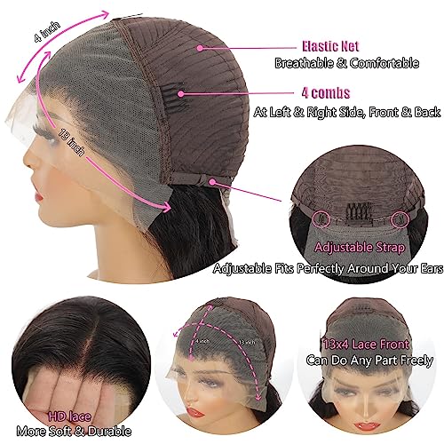 GIESWY Deep Wave Lace Front Wigs Human Hair 13x4 HD Transparent Lace Frontal Glueless Wigs for Women, Natural Black, 16 inch