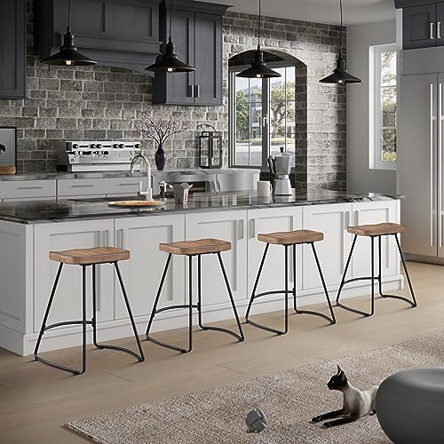 JUBILOOM Bar Stools, 24 Inch Kitchen Counter Height Stools with Metal Leg, Bar Chairs with Wood Saddle Seat, Industrial Backless Stools for Kitchen Island, Dark Brown Seat, Black Metal, 624PBR1