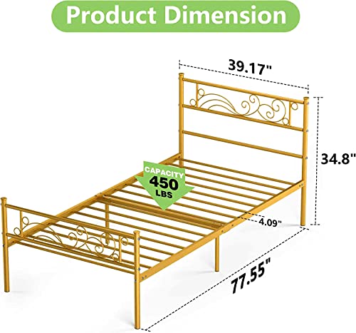 Weehom Twin Size Bed Frame with Headboard No Box Spring Needed Platform Single Bed for Kids, Gold