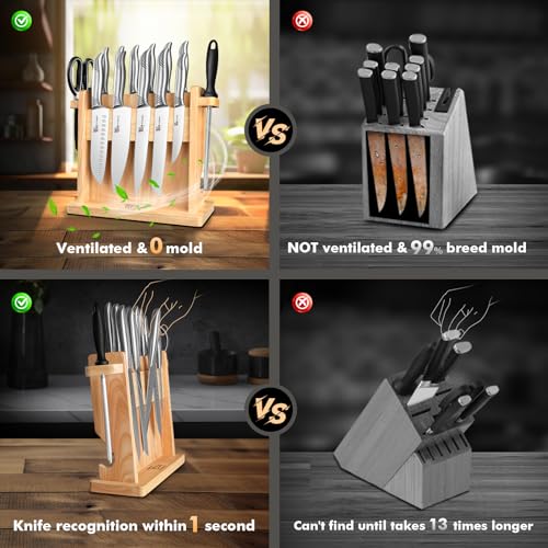 SYOKAMI Knife Block Set, 14 Pieces Japanese Style Knife Set With Magnetic Holder, High Carbon Stainless Steel Ultra Sharp Knives With Ergonomic Handle, Including Sharpener And Shears, Black Dot