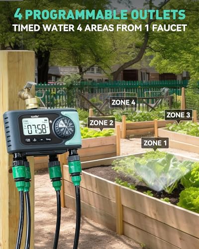 RAINPOINT Sprinkler Timer, 4 Outlets Hose Timer with Brass Inlet, Water Timer with Rain Delay/Manual/Automatic Timed Controller System, Programmable Digital Irrigation Timer for Lawn Yard, 4 Zone