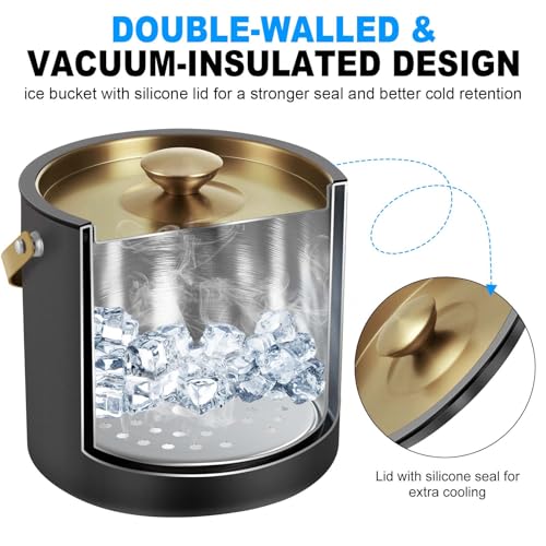 3.2L Ice Bucket with Silicone Lid, Tongs & Strainer, Double Wall Stainless Steel Insulated Black Ice Bucket for Parties & Cocktail Bar, Keep Ice Frozen Longer