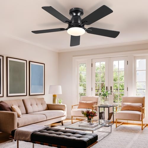 Ceiling Fans with Lights- 46" Low Profile Indoor Ceiling Fan with Light and Remote/APP Control, Flush Mount, LED Dimmable DC Reversible Modern Ceiling Fan for Bedroom(Black)