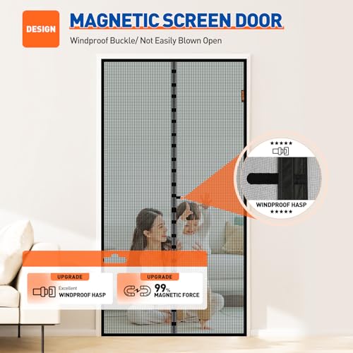 MAGZO Magnetic Screen Door Fit Door Size 40 x 96 Inch, Screen Size 42" x 97" Fiberglass Door Mesh with Full Frame Hook&Loop Heavy Duty-Black