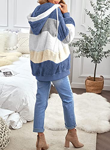 Dokotoo Womens Fashion Color Block Patchwork Winter Fuzzy Warm Fleece Jacket with Hooded Casual Warm Open Front Long Sleeve Cardigans Zipper Coats for Women Outerwear with Pockets Blue Small