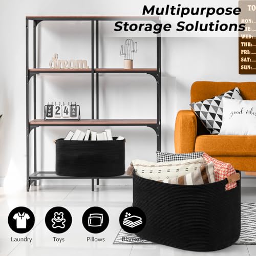 anpinera Extra Large Blanket Storage Basket 25.20’’x16.14’’x16.14’’, Large Rectangle Blanket Basket for Living Room, Woven Rope Storage Organizer Laundry Baskets Bin, White/Pink