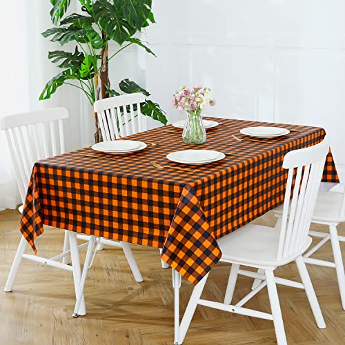 Romanstile Rectangle Vinyl PVC Tablecloth, 100% Waterproof Buffalo Plaid Plastic Table Cloth, Oil Proof Heavy Duty Wipeable Table Covers for Dining/Camping/Picnic/Outdoor - 54 x 78, Orange and White