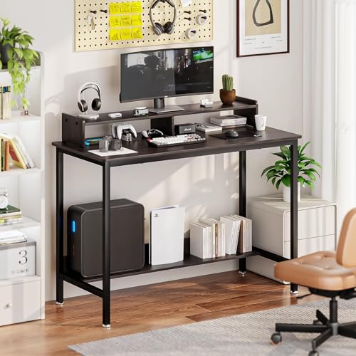 WOODYNLUX Computer Desk with Shelves, 43 Inch Gaming Writing Desk, Study PC Table Workstation with Storage for Home Office, Living Room, Bedroom, Metal Frame, Carbon Black