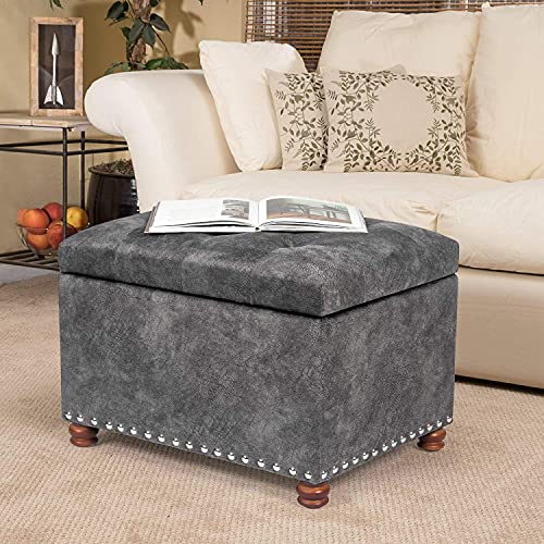 Joveco Storage Ottoman Foot Rest Stool, 24" Velvet Footstool Bench for Living Room Bedroom, Light Grey
