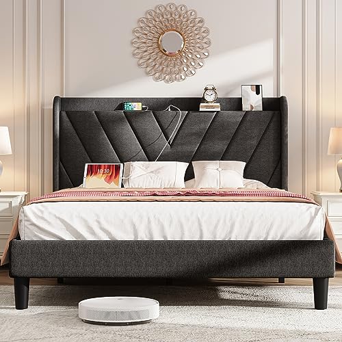 koorlian Full Bed Frame, Adjustable Upholstered Platform Bed Frame with Type-C&USB Ports, Wingback Storage Headboard, Solid Wood Slats Support, No Box Spring Needed, Modern Style, Dark Gray