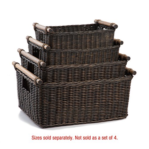 The Basket Lady Pole Handle Wicker Storage Basket, Small, 14 in L x 10 in W x 7.5 in H, Antique Walnut Brown