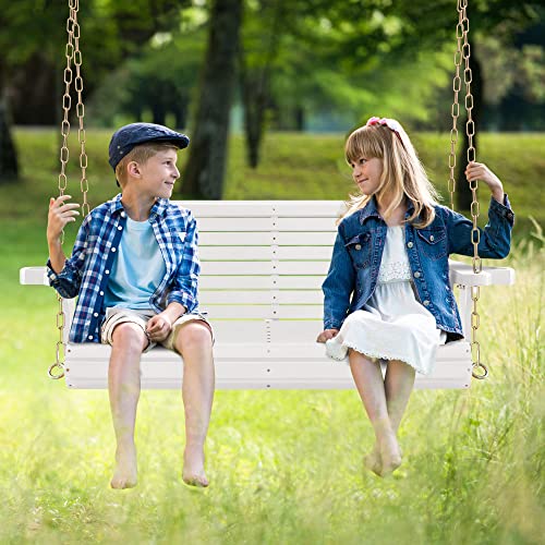 4FT Wooden Porch Swing w/Cupholders,Heavy Duty 800LBS Outdoor Swing Bench w/Chains,Patio Roll Back Swing Chair Bench,Front Porch 2-Person Hanging Bench,for Garden Courtyard Lawn & Balcony