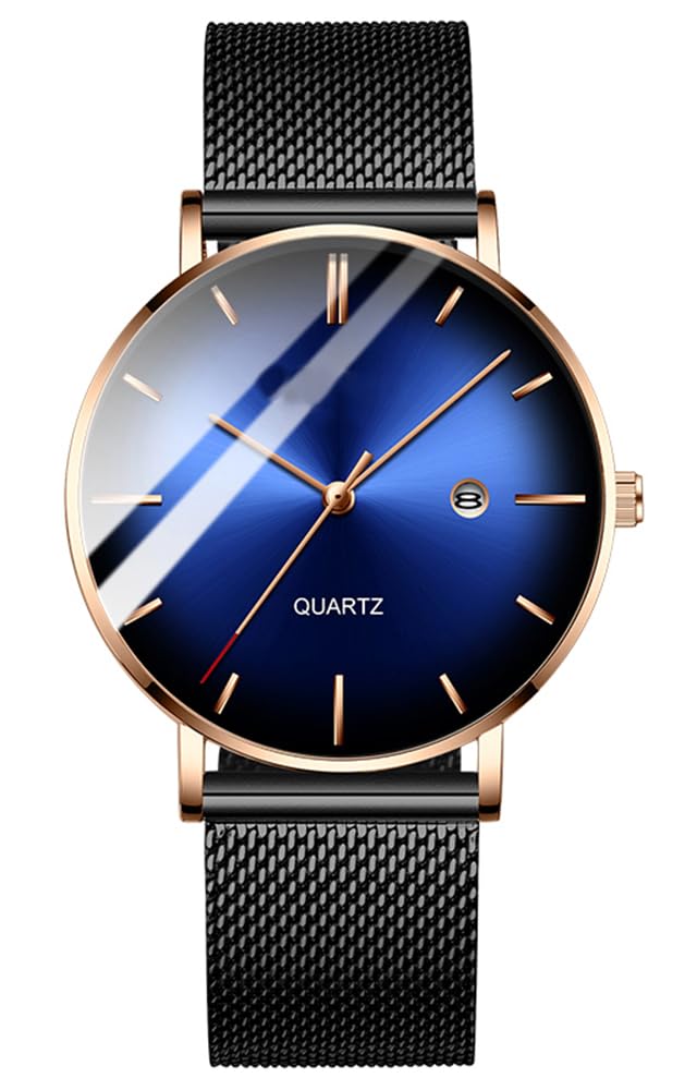 Men's Fashion Minimalist Wrist Watch Waterproof Watches Simple Ultra Thin Watches Analog Quartz Date with Stainless Steel Mesh Band (Rose Gold)