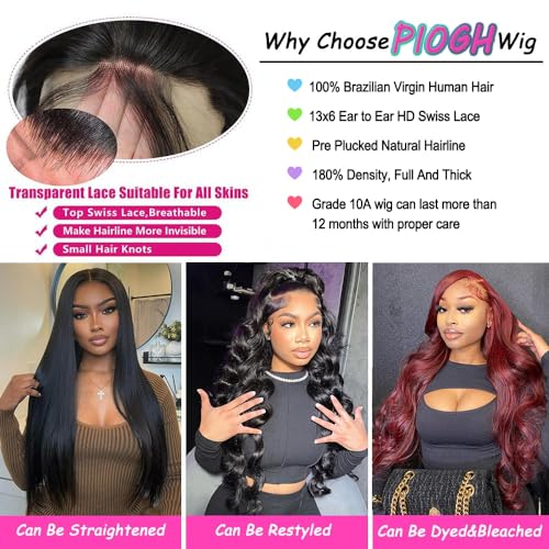 PIOGH Body Wave Lace Front Wigs Human Hair 180% Density Body Wave 13x6 HD Lace Frontal Wigs Human Hair Brazilian Virgin Human Hair Wigs for Women Glueless Pre Plucked with Baby Hair 20 Inch