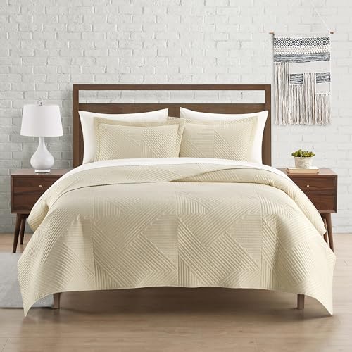 Chic Home Sianna 3 Piece Queen Size Quilt Set - Contemporary Geometric Diagonal Stripe Bedspread Coverlet with 2 Pillow Shams, Beige
