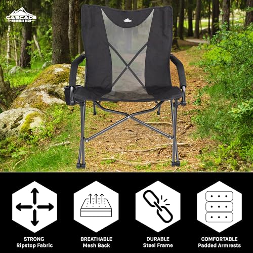 Cascade Mountain Tech Camping Chair - Low Profile Folding Chair for Camping, Beach, Picnic, Barbeques, Sporting Event with Carry Bag , Black