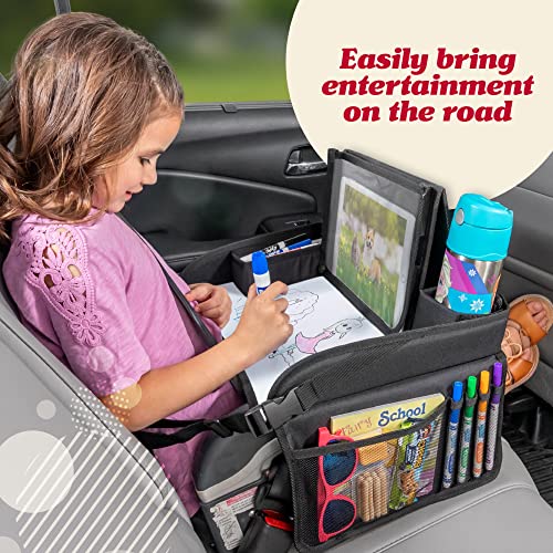 Lusso Gear Kids Travel Tray for Toddler & Kids Car Seat, Lap Tray for Airplane, Kids Travel Desk Essential Accessories, Table Tray for Road Trip Activities (Black)
