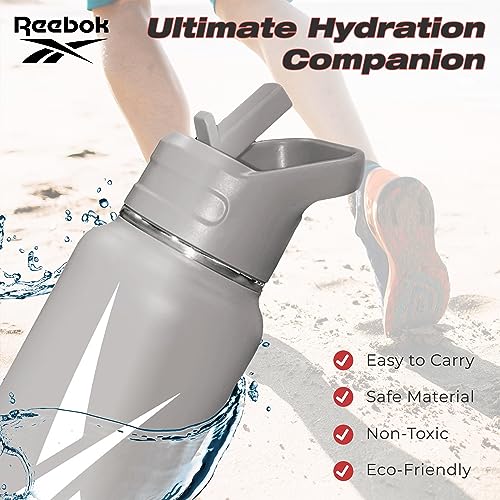 Reebok Stainless Steel Water Bottle With Straw Cap & Athletic Design - 32 oz - Double Wall Vacuum Insulated Sports Water Bottle With Straw, BPA Free (Grey with White Vector)