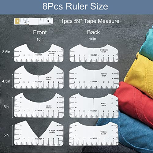 tietoc Ruler Set - 9pcs PVC Tshirt-Ruler, Transparent V-Neck/Round Measurement, 10x5/10x4.5/10x3.5/10x2.5in, Ideal for Alignment & Heat Press, Children Youth Adult, Front & Back