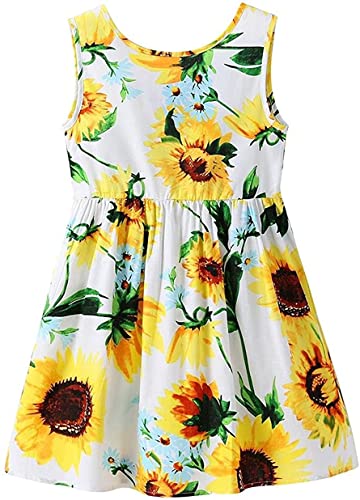 Girls Dress Kid Floral Sleeveless Cotton Sundress Summer Girl Clothes White Sunflower 2-3 Years