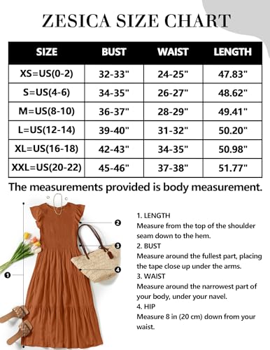 ZESICA Women's 2024 Summer Casual Flutter Short Sleeve Crew Neck Smocked Elastic Waist Tiered Midi Dress,Light Khaki,X-Small