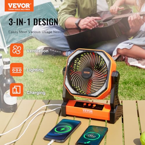 VEVOR 20,000mAh Camping Fan, 8 Inch Battery Operated Fan with LED Lantern, Rechargeable Fan Portable with 4 Speeds, 270°Head Rotation, Outdoor Tent Fan with Hook for Picnic, Barbecue, Fishing, Travel