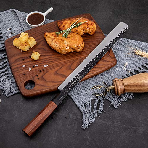 FAMCÜTE 12 Inch Slicing Carving Knife, 5 Layer 9CR18MOV Clad Steel w/octagon Handle brisket knife for Home Kitchen and Restaurant Slicing Brisket Turkey Meat