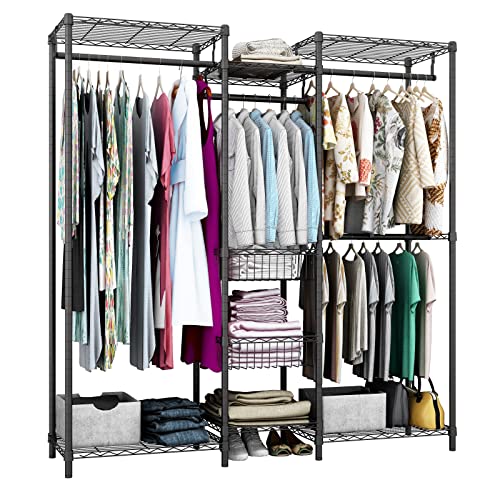 Xiofio 6 Tiers Heavy Duty Garment Rack, Storage Organizer, Metal Clothing Rack with Hanging Rod,Adjustable Shelf and Fixed Baskets,60.7" L x 15.7" W x 70.5" H Max Load 720LBS,Black·