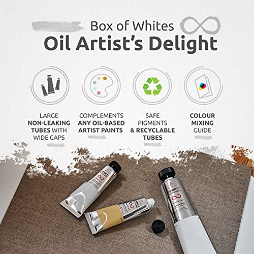 ZenART BOX of Whites Palette Professional Oil Paints - 200ml Titanium White Oil Paint, 50ml Zinc-Titanium White, 50ml Naples Yellow Hue - Set of White Oil Paints for Artists - The Infinity Series