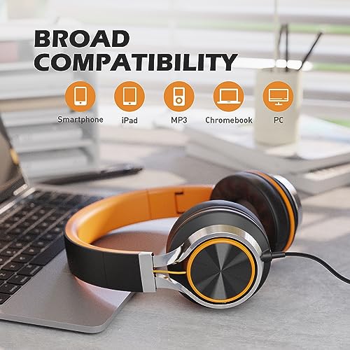 Kids Headphones, Headphones Wired with Microphone and Volume Control Folding Stereo Corded On-Ear 3.5mm Headset for Boys Girl Cellphones Tablets Chromebook Laptop Computer (Black/Orange)