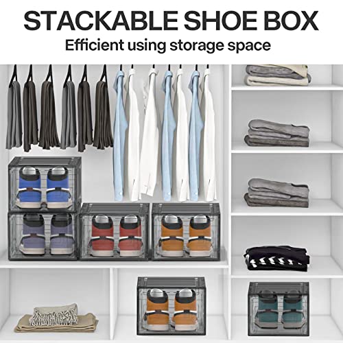 TVKB 6 Pack Drop Front Drop Front Large Shoe Organizer Stackable Shoe Storage Sturdy Hard Plastic Shoe Box with Magnetic Front Door for Closet, Easy Assembly, Fit Up to Size 12, Black