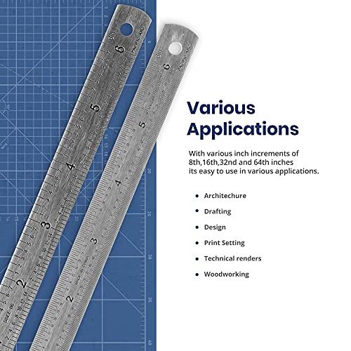 Pacific Arc Stainless Steel Ruler with 8th, 16th,32nd, and 64th Inch Graduations, 06 Inches