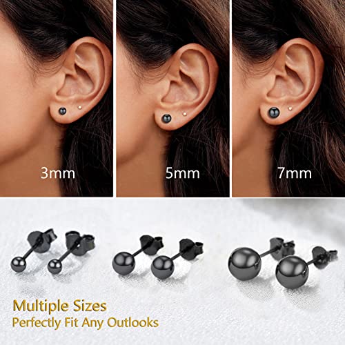 Sterling Silver Black Ball Stud Earrings Women 3mm Small Second Piercing Earrings Sensitive Ears Hypoallergenic