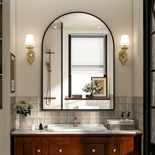 Arch Bathroom Mirror, 20x30 inch Arched Bathroom Mirror/Wall Mounted Vanity Mirror - Arch Metal Frame Wall Mirror for Bathroom Bedroom Living Room, Black