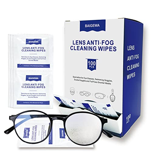 BAIGEWA Lens Wipes for Eyeglasses 100 Count, Quick Dry Scratch Free Individual Wrapped Pre-Moistened Anti Fog Wipes for Glasses, Suitable for All Eyeglasses, Ski Glasses and Swimming Glasses