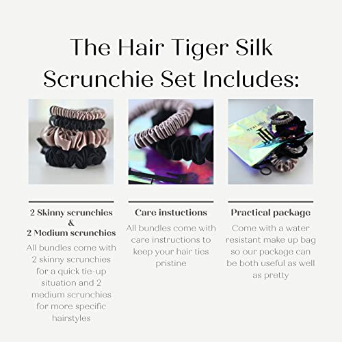 Hair Tiger 100% Mulberry Silk Scrunchies Perfect for Sleeping, Hypoallergenic and Gentle Silk Hair Ties to Prevent Frizz, Tangles and Breakage (Medium and Skinny) (Black and Taupe), Set of 4